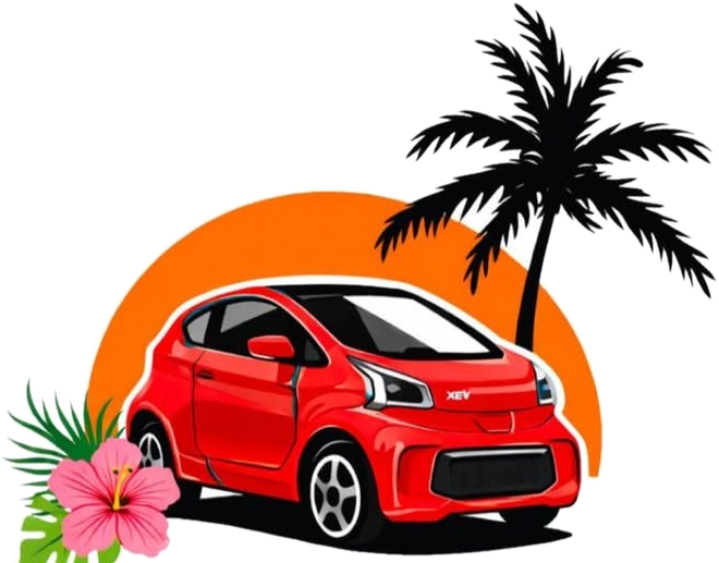 Voiture électrique XEV YoYo rouge devant un soleil orange et un cocotier